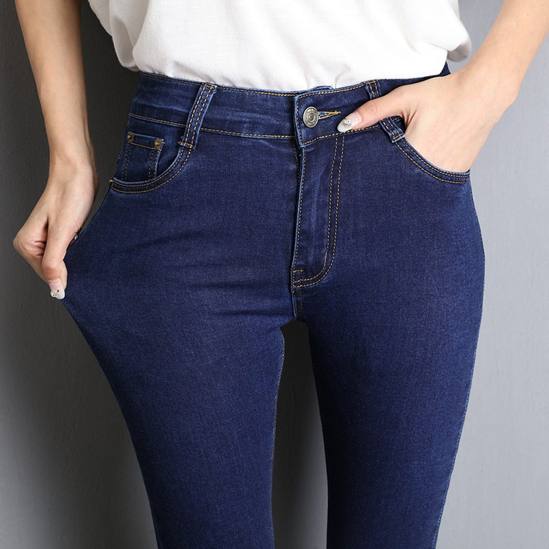 Jeans for Women Mom Jeans Blue Gray Black Woman High Elastic Stretch Jeans Female Washed Denim Skinny Pencil Pants Size 36 38 40