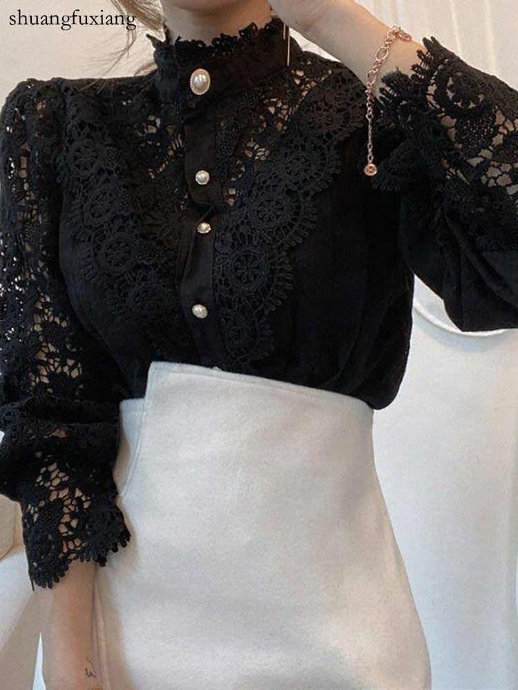 Women Sexy Lace Patchwork Hollow Out Shirt Blouse Long Sleeve O-Neck Mesh Design Tops 2022 Spring White Vintage Button Shirts