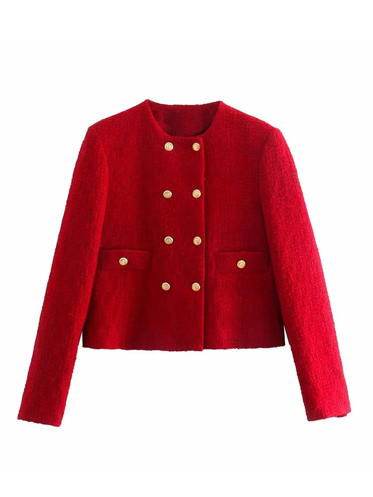 xikom Tweed Two pieces set Women red Vintage O Neck Long Sleeve Office Lady slim Blazer Coat Female Hight Waist skirt suit