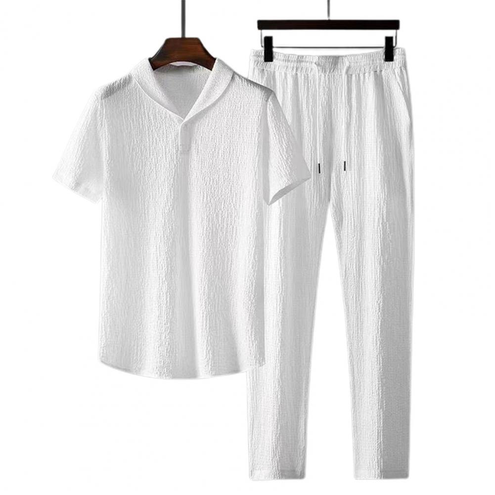 2Pcs/Set Summer Men&#39;s Suit Elastic Waistband Pleated Casual Outfit Men Business Short Sleeve Shirts Long Pants Set Male Clothing