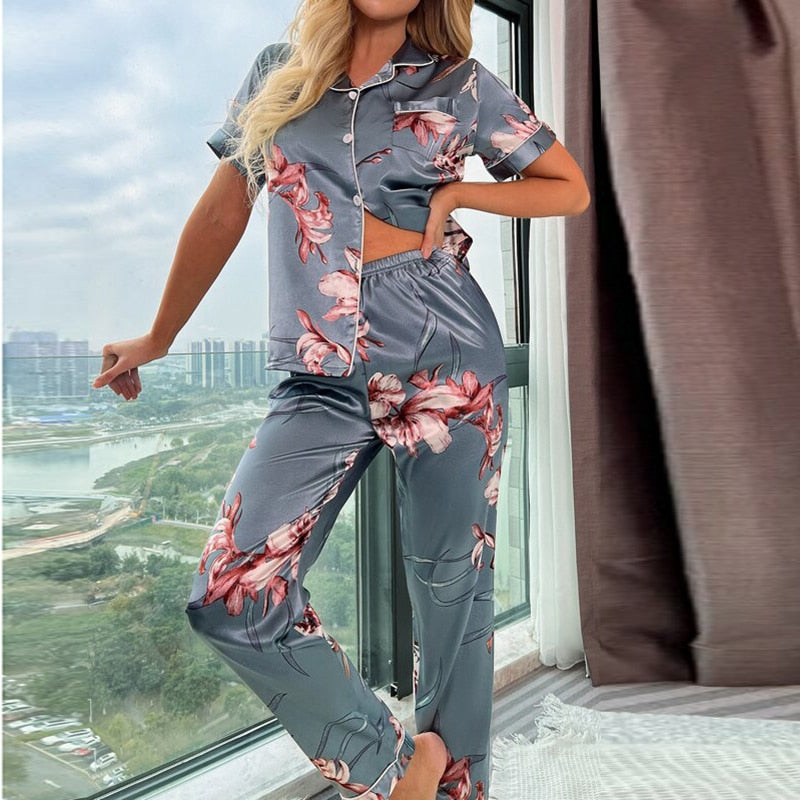 Spring Summer Women&#39;s Pijamas Silk Satin Pajamas Set Long Sleeve and Trouser Pyjamas Suits Sleepwear Loungewear Female Mujer