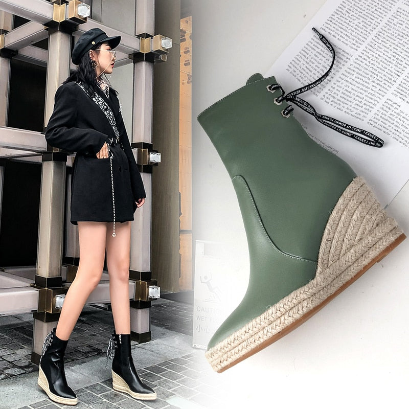 Women&#39;s High Quality Ankle Boots Women&#39;s Hemp Rope Straw Platform Wedge Boots Women&#39;s Zipper Back Collar Autumn Boots