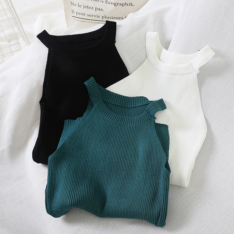 Women Y2K Crop Tops Black Knitted Off Shoulder Summer Tank Tops Female O-Neck Streetwear Tee Elastic Solid Crop Tops For Women