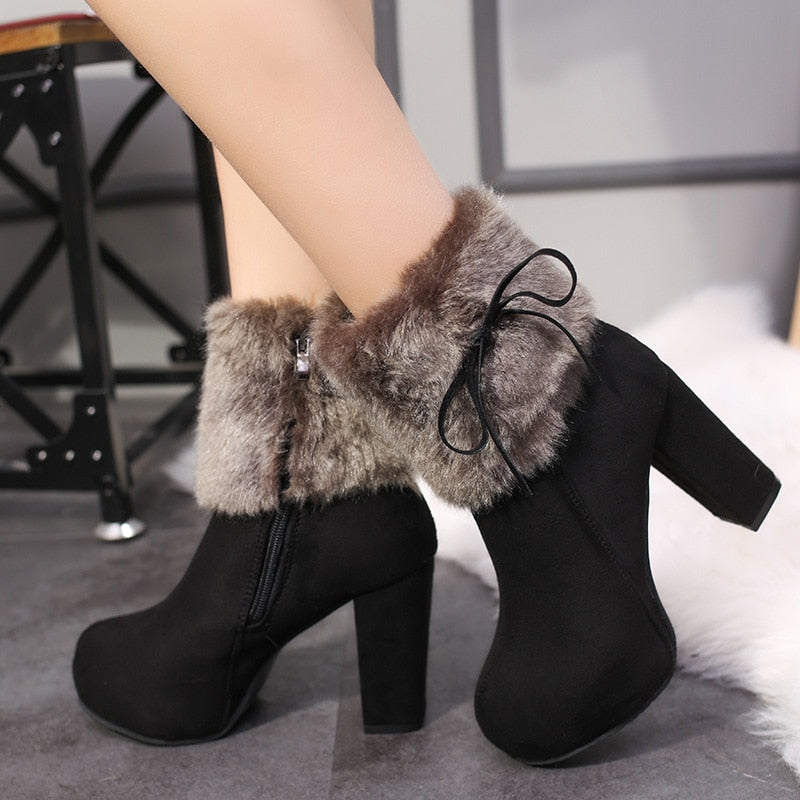 Winter Shoes Women High Heels Boots Fur Warm Shoes Fashion Boots for Women Winter High Heels Super Square High Heel 10cm A1658