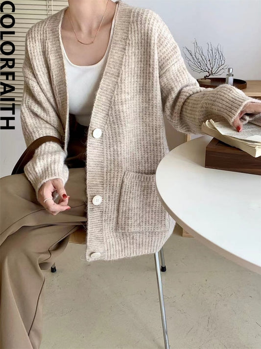 Colorfaith New 2022 Korean Fashion Chic Vintage Oversized Sweaters Women Autumn Winter Knitted Cardigans Elegant Tops SWC3578JX