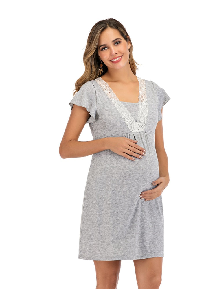 Maternity Dress for Hospital Nightgown Pregnant Women Nursing Nightwear Pajama Lace Sleepwear Breastfeeding Gown Short Sleeve