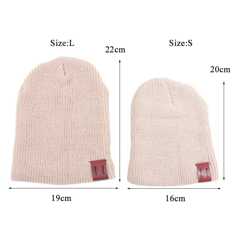 Baby Knit Hat for Boys Girls Autumn Winter Warm Kids Beanie Adult Children Parent-Child Hats Newborn Baby Cap with Leather Label