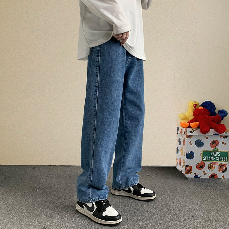 2021 Autumn New Streetwear Baggy Jeans Men Korean Fashion Loose Straight Wide Leg Pants Male Brand Clothing Black Light Blue