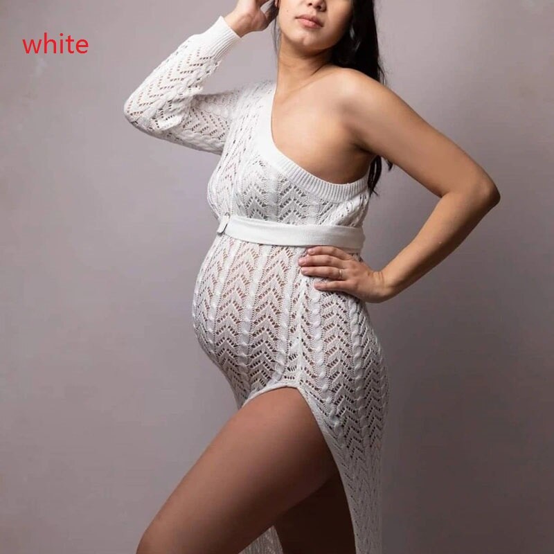 Pregnancy Dress Shoot Gold Knitted Maternity Dresses for Photo Shoot Robe Transparent hollowed Clothing Props