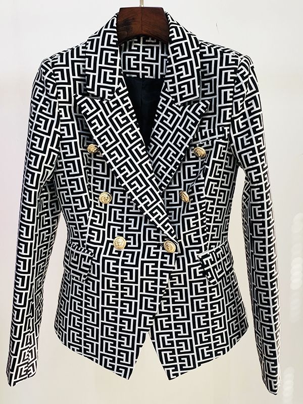 HIGH STREET Newest Designer Jacket Women&#39;s Double Breasted Lion Buttons Geometrical Jacquard Blazer