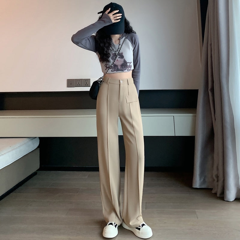 2023 HappyLisa Women Spring Summer Long Suit Pants Ladies High Waist Wide Leg Floor-Length Loose Pant Female Casual Trousers P09