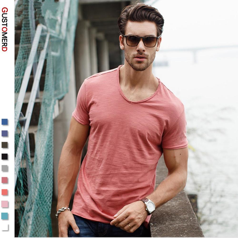 GustOmerD Brand Quality T shirt Men's V-neck Slim Fit Pure Cotton T-shirt Fashion Short Sleeve T shirt Men's Tops Casual Tshirt