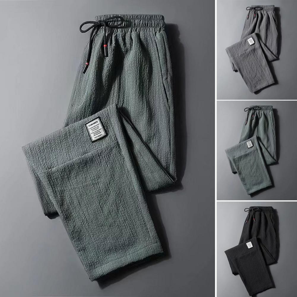 Men Trousers Jogging Casual Sweatpants Ice Silk Elastic Waist Drawstring Summer Mid Waist Pockets Baggy Track Straight Pants