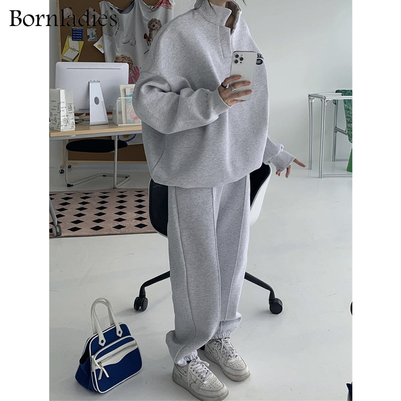 Bornladies Women Cotton Sweatshirt Suit Oversized Sets Female Stand Collar Loose Sweatshirt + Long Pants Suits Short Sets