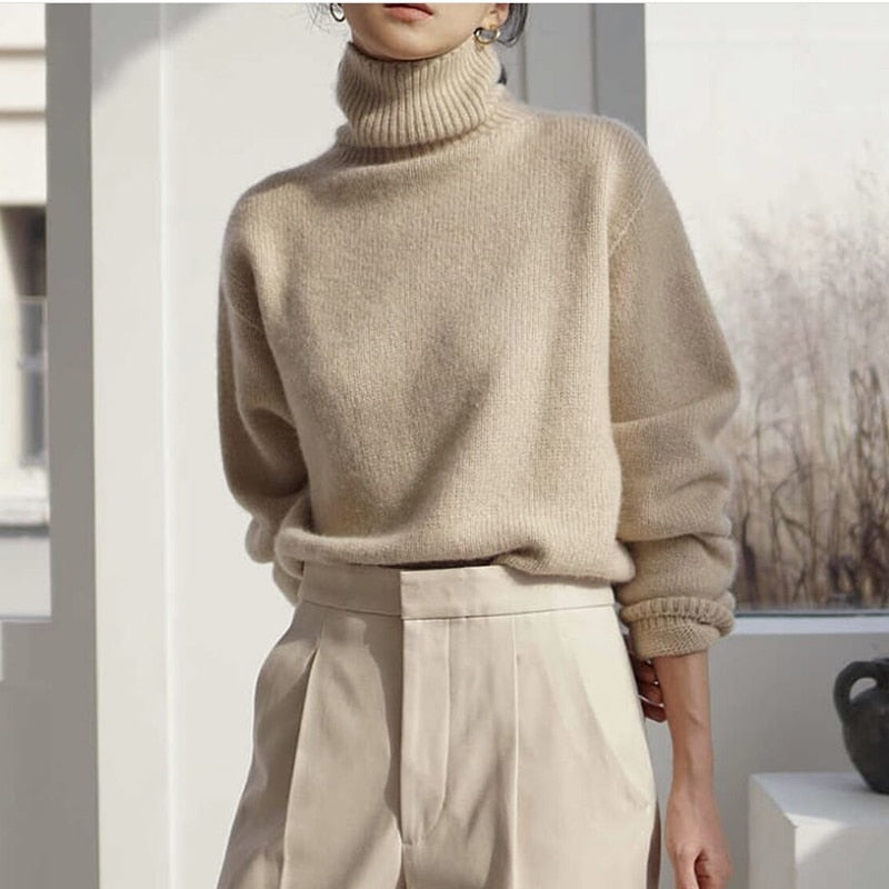 WYWM Cashmere Elegant Turtle Neck Women Sweater Soft Knitted Basic Pullovers O Neck Loose Warm Female Knitwear Jumper