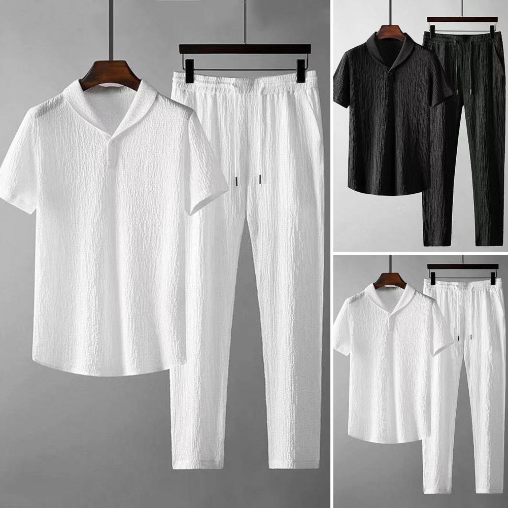 2Pcs/Set Summer Men&#39;s Suit Elastic Waistband Pleated Casual Outfit Men Business Short Sleeve Shirts Long Pants Set Male Clothing