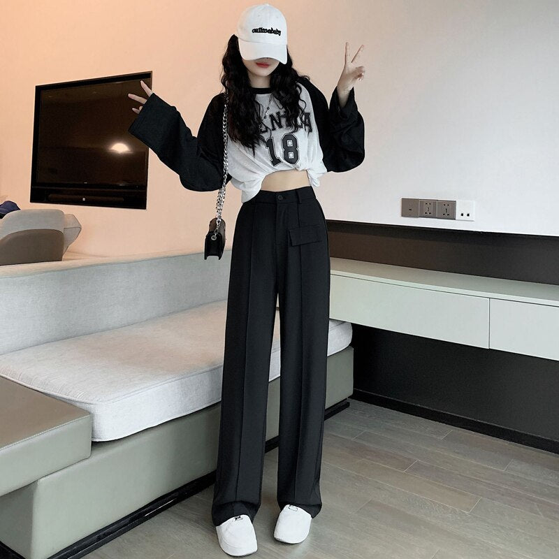 2023 HappyLisa Women Spring Summer Long Suit Pants Ladies High Waist Wide Leg Floor-Length Loose Pant Female Casual Trousers P09