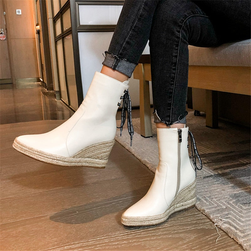 Women&#39;s High Quality Ankle Boots Women&#39;s Hemp Rope Straw Platform Wedge Boots Women&#39;s Zipper Back Collar Autumn Boots