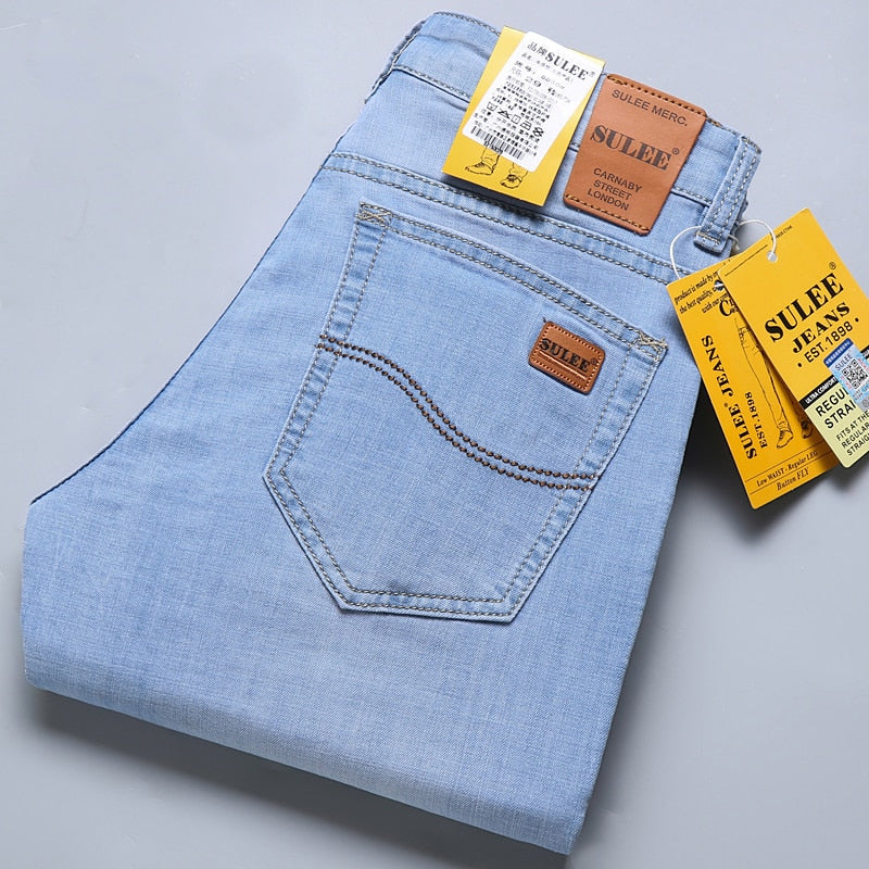 2022 Sulee Brand Top Classic Style  Men Spring Summer Jeans Business Casual Light Blue Stretch Cotton Denim Male Trousers