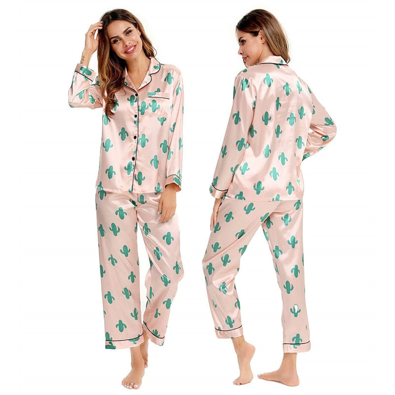 Spring Summer Women&#39;s Pijamas Silk Satin Pajamas Set Long Sleeve and Trouser Pyjamas Suits Sleepwear Loungewear Female Mujer