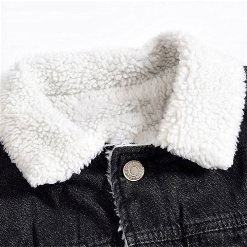 Men&#39;s Denim Jacket Warm Winter Casual Bomber Male Korean Style cowboy Jacket Fashion Fleece Vintage Clothing Men Black Jean Coat