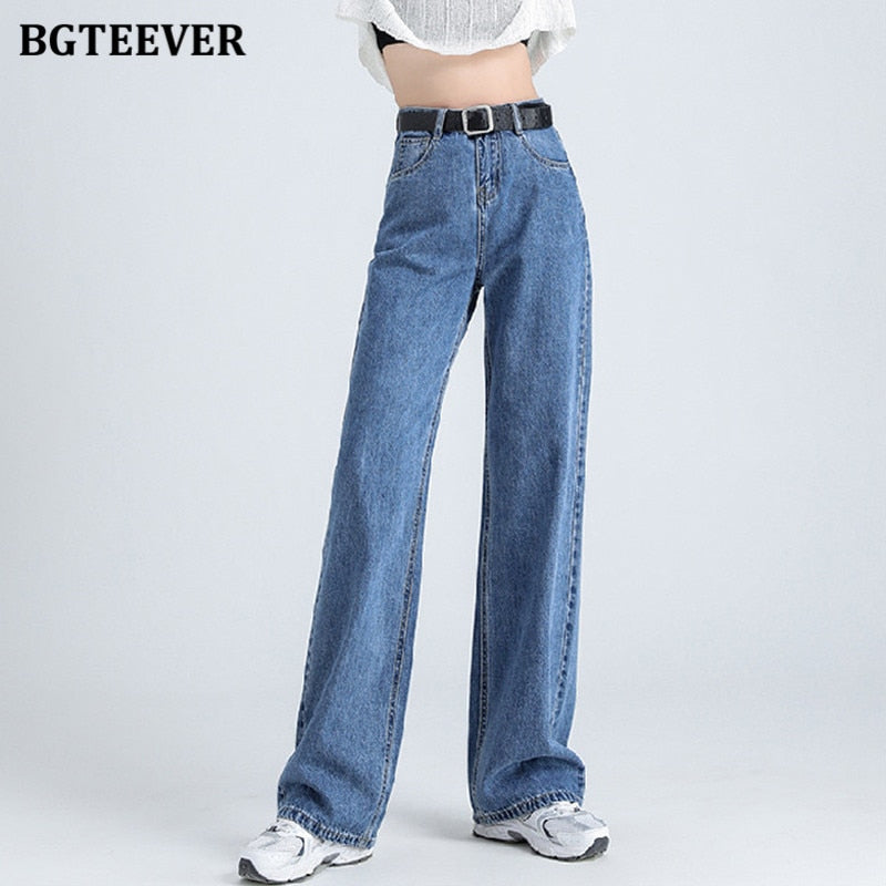 BGTEEVER Casual Spring Women Long Jeans Trousers High Waist Pockets Loose Female Wide Leg Denim Pants Ladies Floor-Length Pants