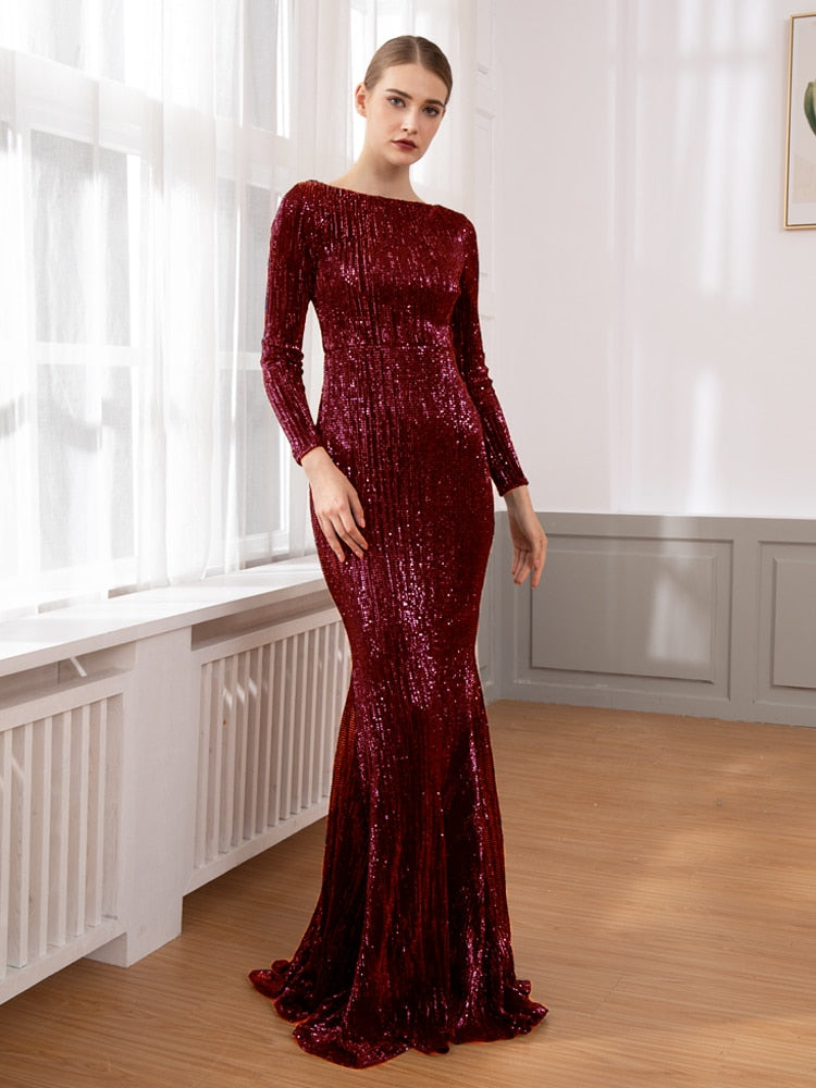 Elegant O Neck Long Sleeve Sequin Maxi Dress Floor Length Stretchy Bodycon Party Dress Gold Green Burgundy Red