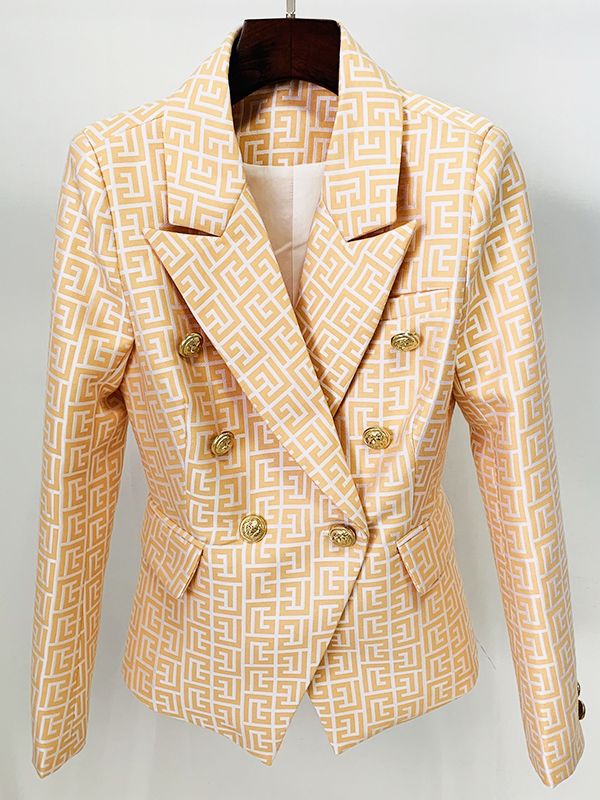 HIGH STREET Newest Designer Jacket Women&#39;s Double Breasted Lion Buttons Geometrical Jacquard Blazer