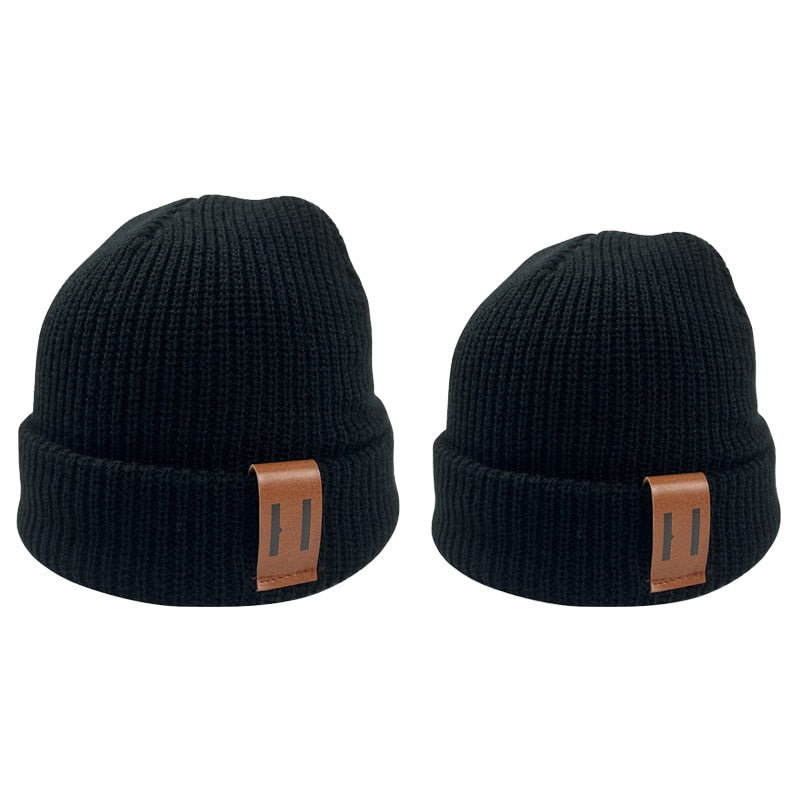 Baby Knit Hat for Boys Girls Autumn Winter Warm Kids Beanie Adult Children Parent-Child Hats Newborn Baby Cap with Leather Label