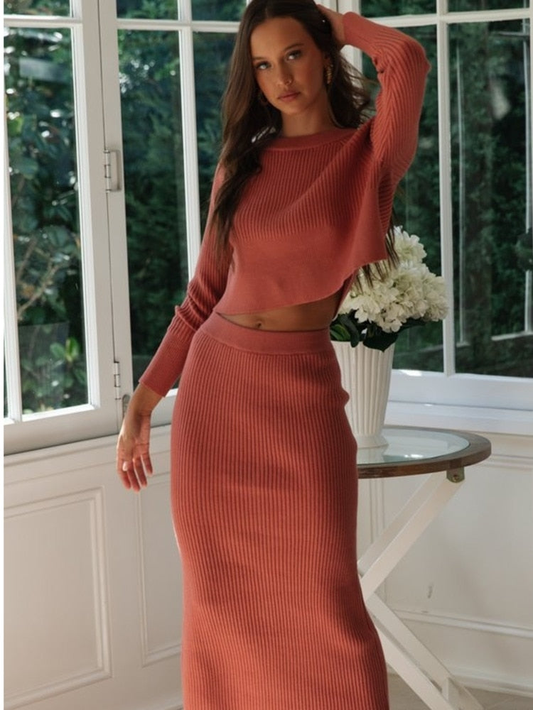 Knitted 2 Pieces Set Women Pullovers Sweater Crop Tops & Knitted Skirts Bodycon Office Lady Skirts 2PCS Suits 2022 Winter Cloth