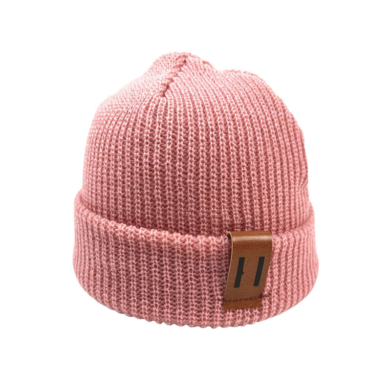 Baby Knit Hat for Boys Girls Autumn Winter Warm Kids Beanie Adult Children Parent-Child Hats Newborn Baby Cap with Leather Label