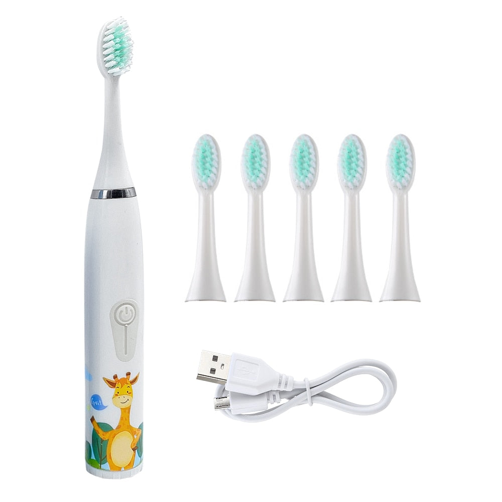 Children's Electric Ultrasonic Toothbrush Soft Bristled Cartoon 4 Mode IPX6 Waterproof Teeth Prevention Decay Cleaner USB Charge