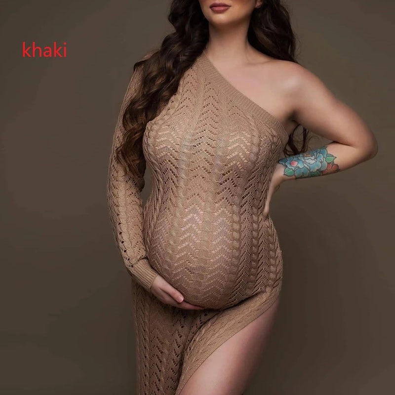 Pregnancy Dress Shoot Gold Knitted Maternity Dresses for Photo Shoot Robe Transparent hollowed Clothing Props