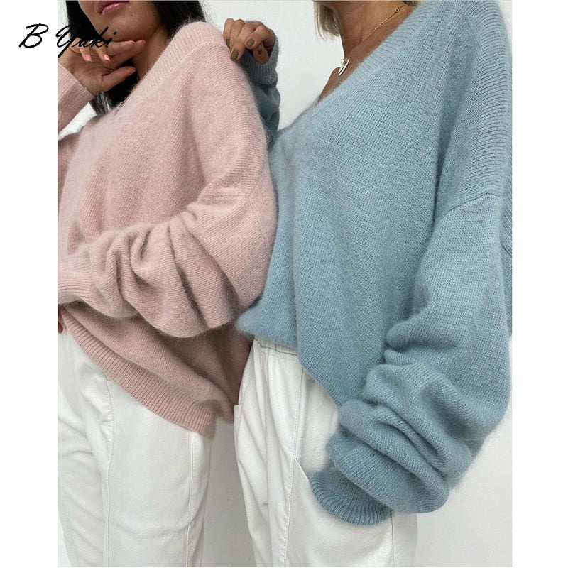 Blessyuki Soft Cashmere Sweater Women 2022 New Casual Loose V-Neck Basic Knitted Pullovers Female Korean Simple Lazy Jumper Tops