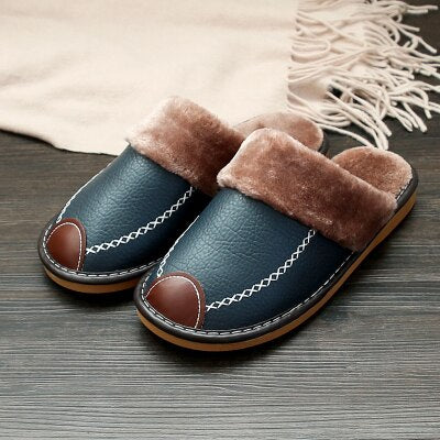 FONGIMIC Men Slippers Black New Autumn PU Leather Slippers Warm Indoor Slipper Waterproof Home Shoes Men Warm Leather Slippers