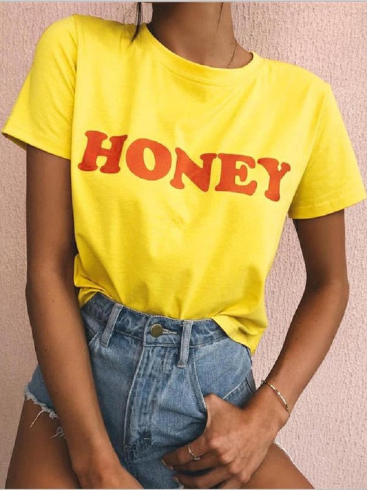 Honey Red Letter Print T Shirt Women Short Sleeve O Neck Loose Yellow Tshirt Summer Ladies Tee Shirt Tops Camisetas Mujer