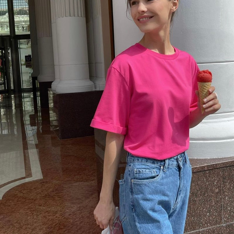 Hirsionsan Basic Cotton T Shirt Women 2022 Summer New Loose Solid Tees 18 Color Casual Loose Tshirt Korean O Neck Female Tops