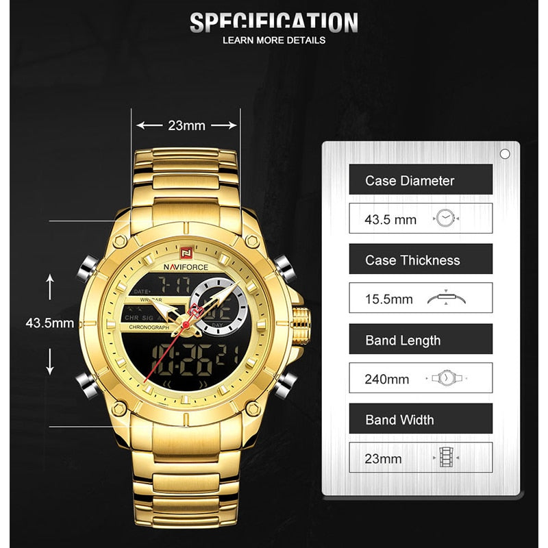 NAVIFORCE Luxury Original Sports Wrist Watch For Men Gold Quartz Steel Waterproof Dual Display Watches Relogio Masculino 9163