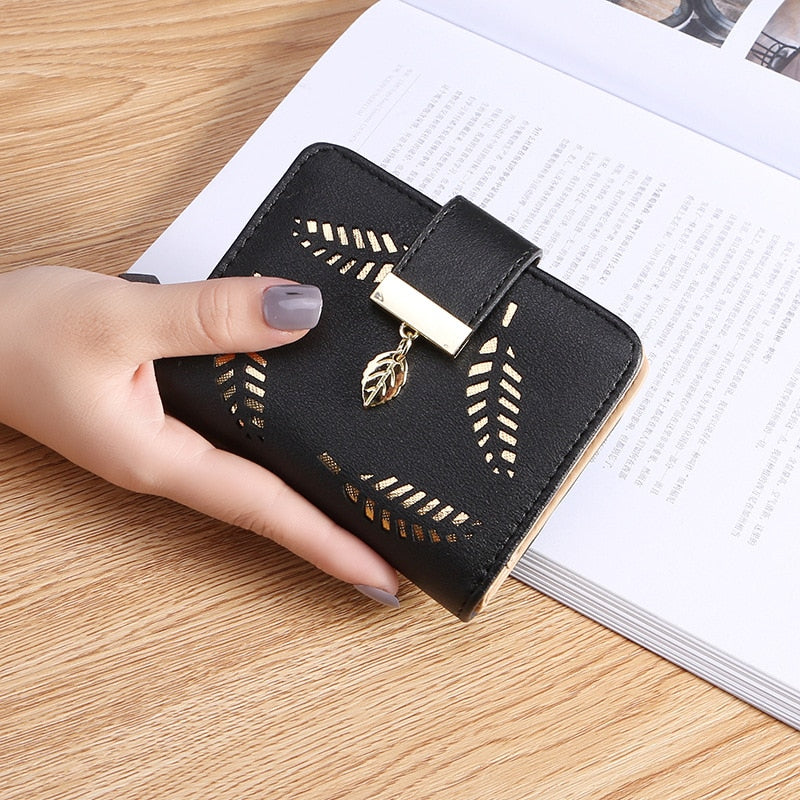 Women Wallet PU Leather Purse Female Long Wallet Gold Hollow Leaves Pouch Handbag For Women Coin Purse Card Holders Clutch