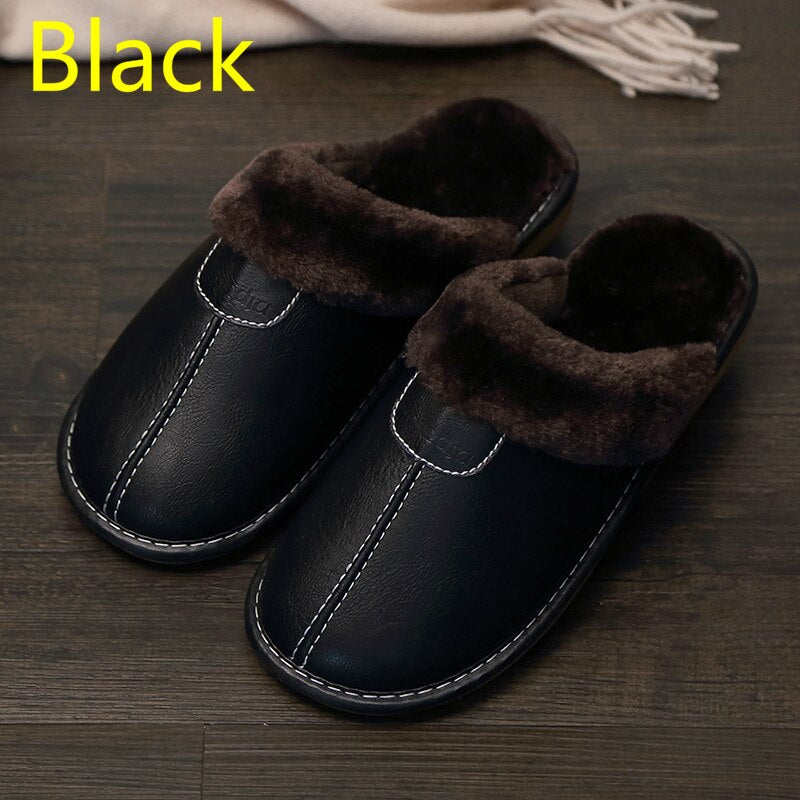 FONGIMIC Men Slippers Black New Autumn PU Leather Slippers Warm Indoor Slipper Waterproof Home Shoes Men Warm Leather Slippers