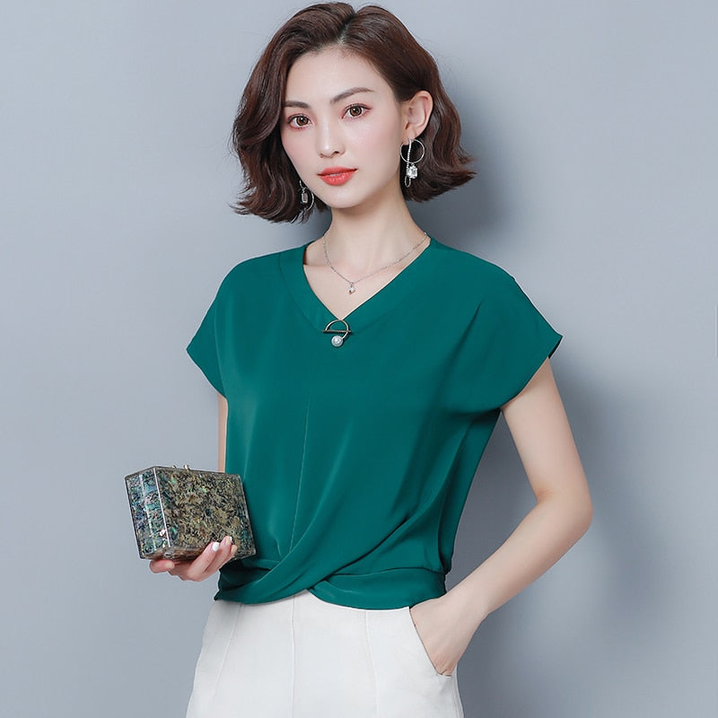 Spring Summer New Elegant Irregular Chiffon Shirts Women Loose Bat Short Sleeve V-neck Office Lady Solid Summer Tops Blusas 9051