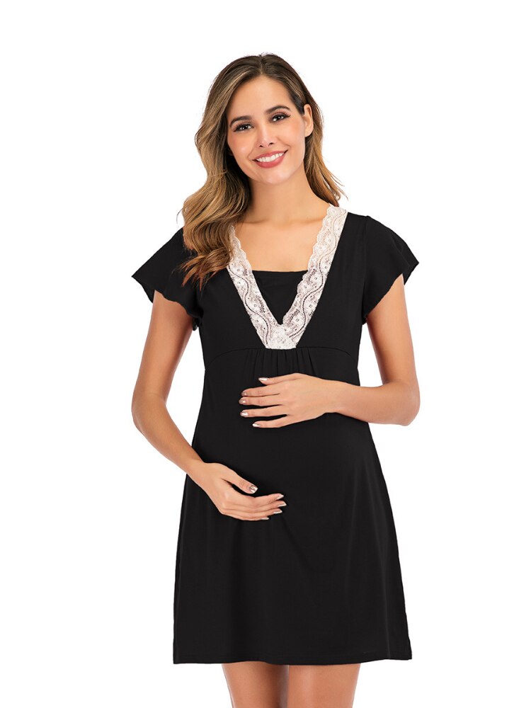 Maternity Dress for Hospital Nightgown Pregnant Women Nursing Nightwear Pajama Lace Sleepwear Breastfeeding Gown Short Sleeve