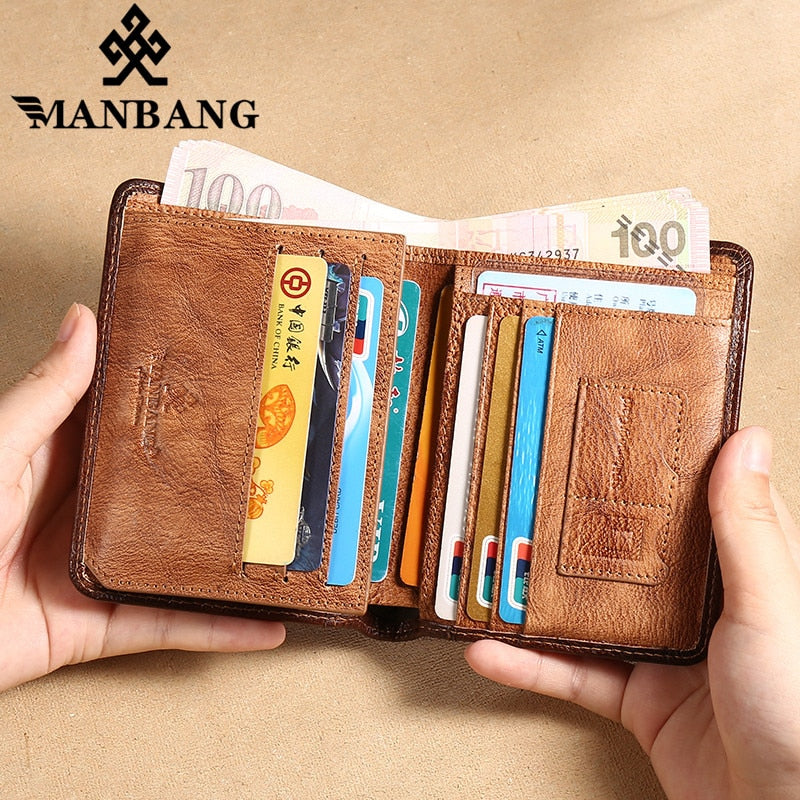 Manbang Men&#39;s Wallets RFID Genuine Leather Trifold Wallets For Men with ID Window and Credit Card Holder