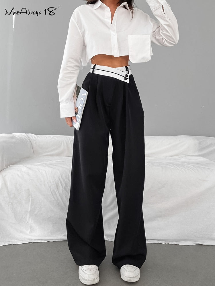 Mnealways18 Patchwork Wide Leg Pants Women Black Contrast Casual High Waist Pants Spring Summer 2023 Baggy Trouser Office Ladies