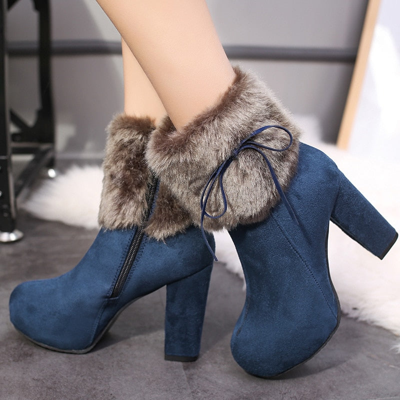 Winter Shoes Women High Heels Boots Fur Warm Shoes Fashion Boots for Women Winter High Heels Super Square High Heel 10cm A1658