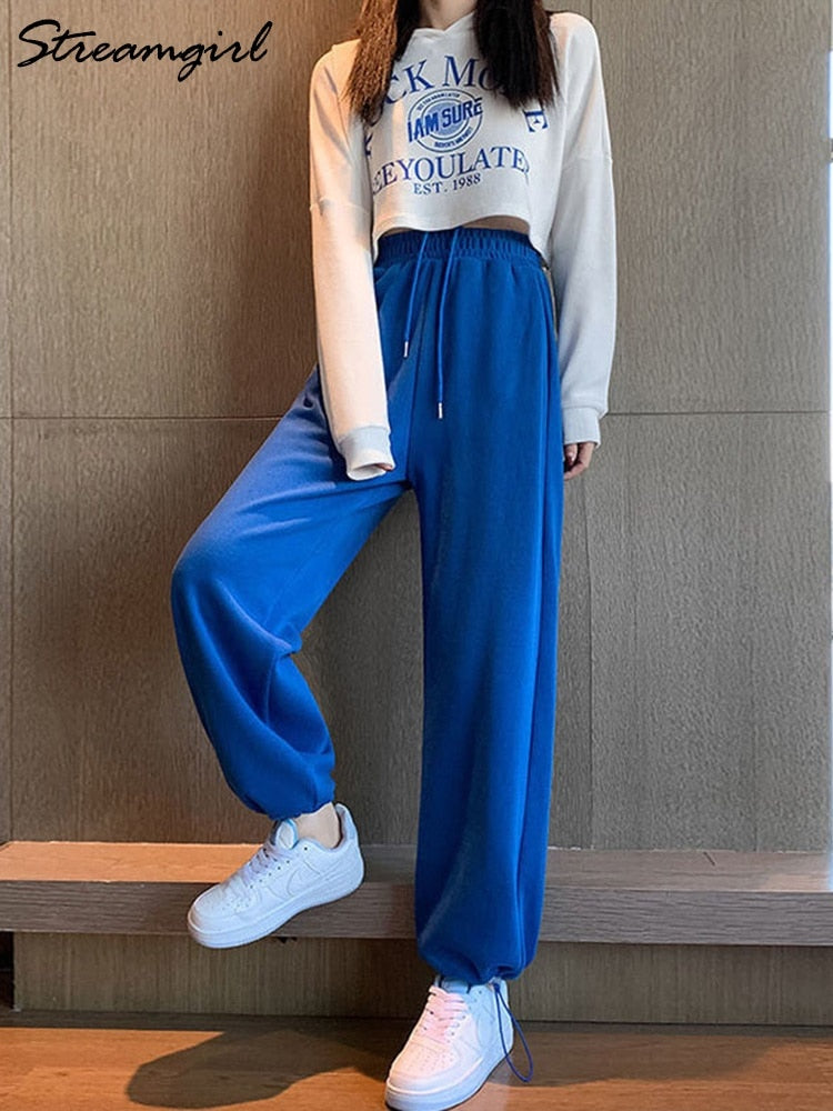 Blue Sweatpants For Women Summer Baggy Pants High Waist Jogger Wide Leg Trousers Spring Women&#39;s Sports Pants Summer Sweatpants