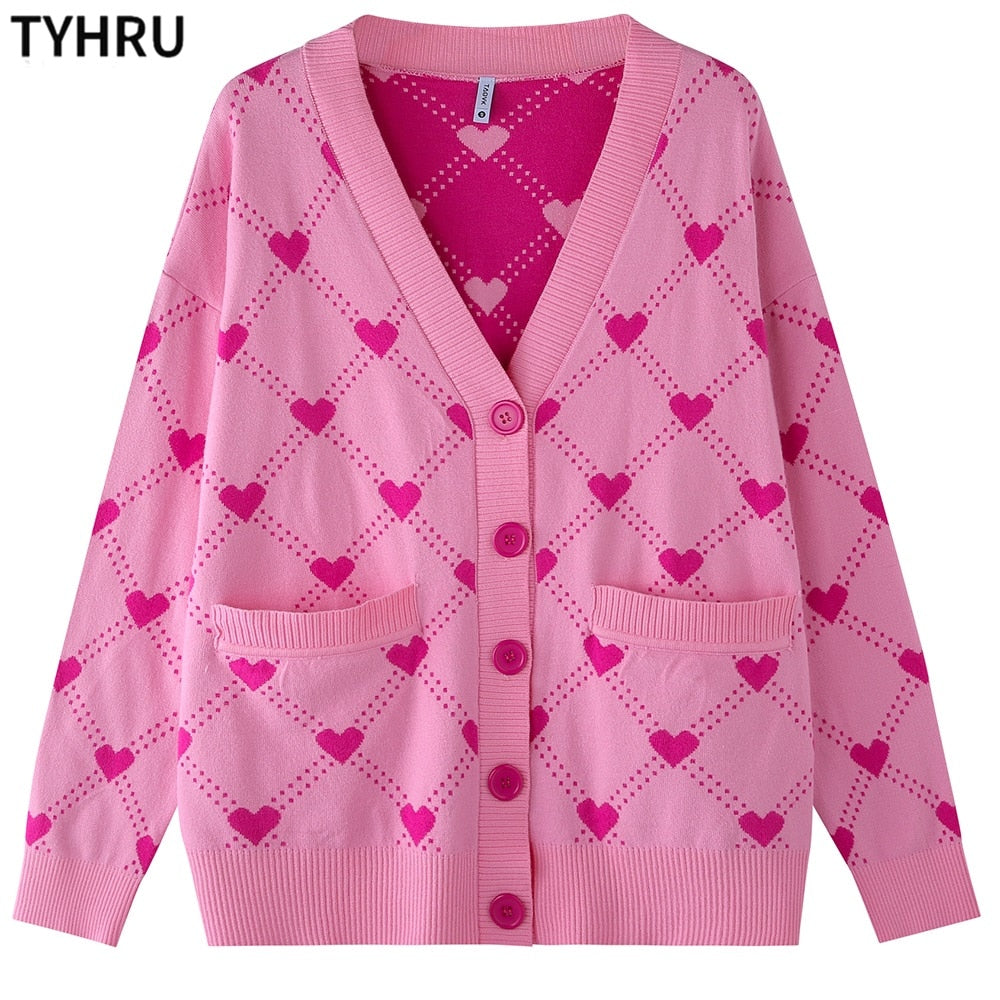 TYHRU Women&#39;s Knitting Sweater Color Matching Diamond Lattice Single-Breasted Buttons Loose Casual Knitted Cardigan Sweaters