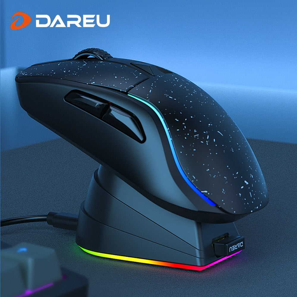 DAREU PC Gaming Mouse Tri-mode Connect Bluetooth Wired 2.4G Wireless Mice with Charging Base KBS Buttons Mous for Laptop Gamer