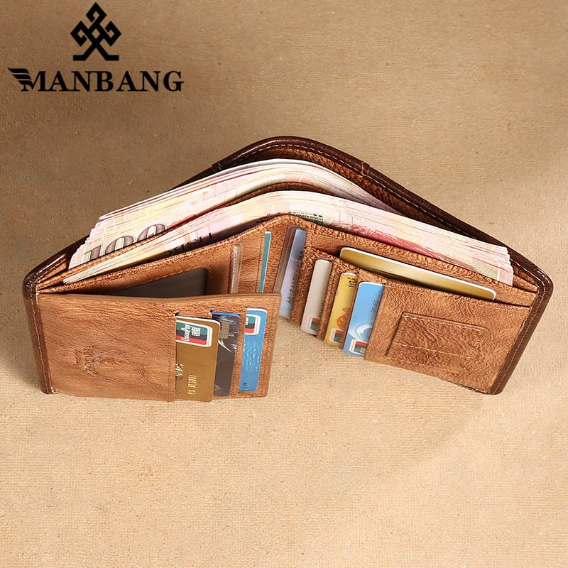 Manbang Men&#39;s Wallets RFID Genuine Leather Trifold Wallets For Men with ID Window and Credit Card Holder