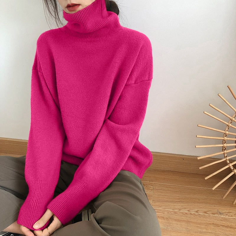 WYWM Cashmere Elegant Turtle Neck Women Sweater Soft Knitted Basic Pullovers O Neck Loose Warm Female Knitwear Jumper